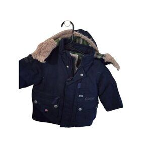 OshKosh BGosh Boys 2T Navy Hooded Plaid Lining Faux Fur Trim Winter Coat